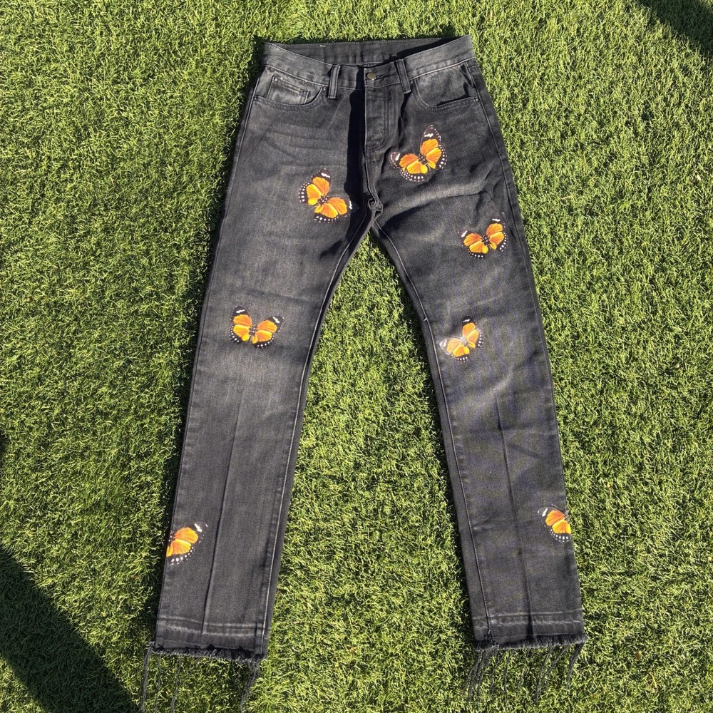 MNML 30x31 Black Butterfly Print Straight Leg Jeans Frayed Hem Streetwear Denim